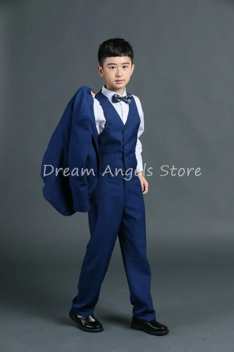 Куртки+ жилет+ брюки+ галстук-бабочка+ рубашка) костюмы для мальчиков приталенный смокинг, фирменный модный костюм на свадьбу свадебный синий Костюмы Блейзер