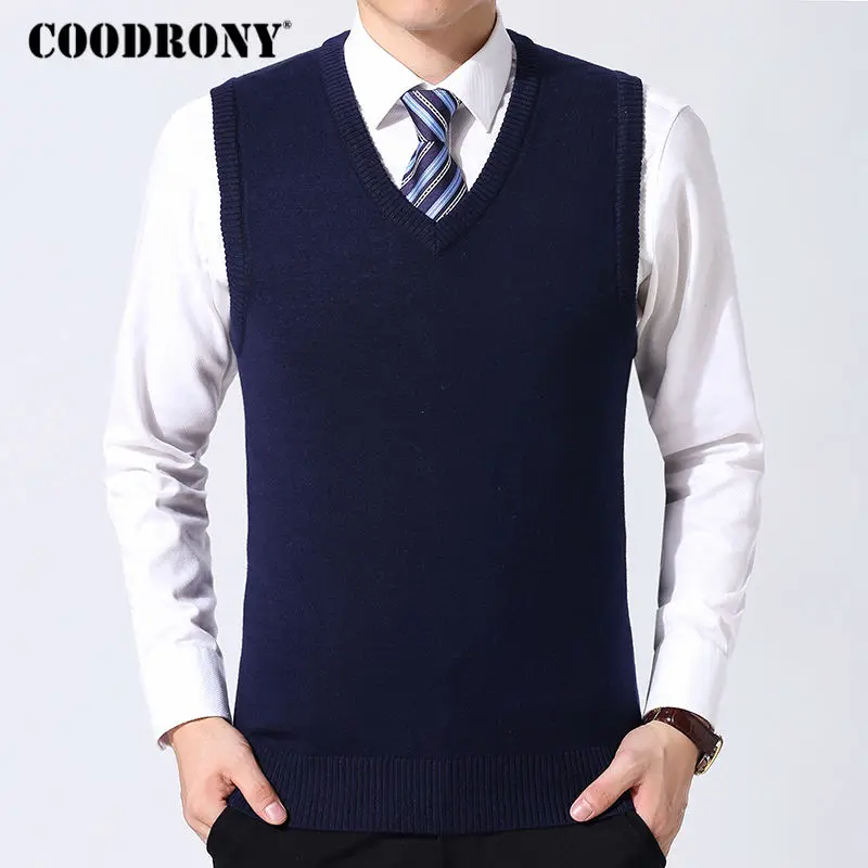 Tanie COODRONY sweter mężczyźni odzież 2019 jesień ciepły kaszmir zimowy wełna Pull Homme klasyczny Casual V Neck bez rękawów kamizelka swetry 126