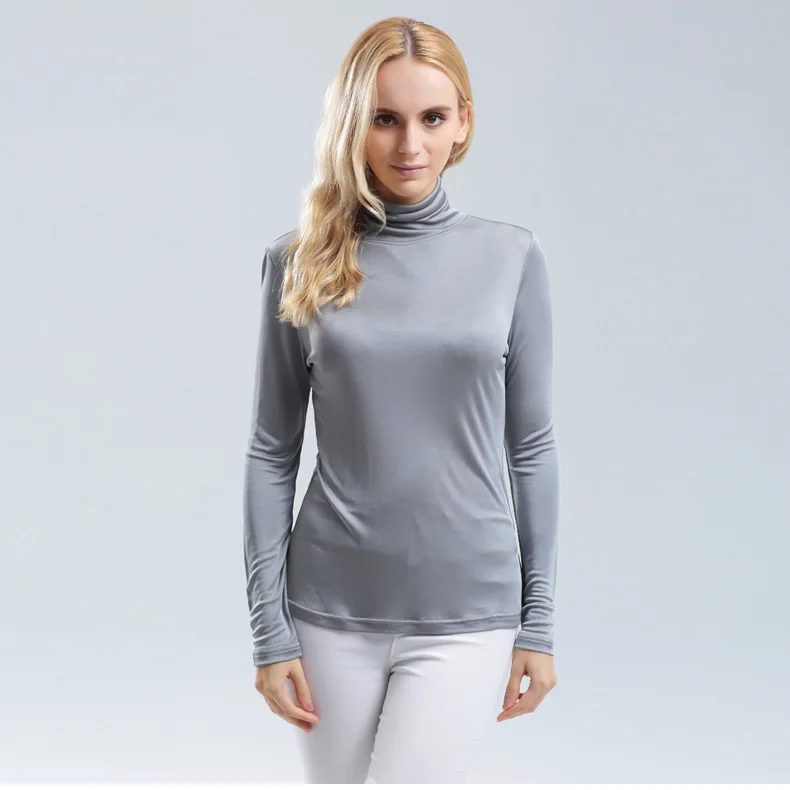 Women T shirt 100%Real Silk Basic Turtleneck long sleeve Bottoming-shirt 2017 FALL WINTER Primer shirt Plus size Spandex top 9