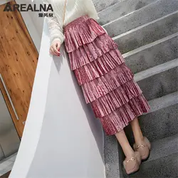 Осенне-зимняя длинная бархатная юбка с рюшами для женщин 2018 корейская мода розовый черный многослойный торт юбки для s с многоярусными