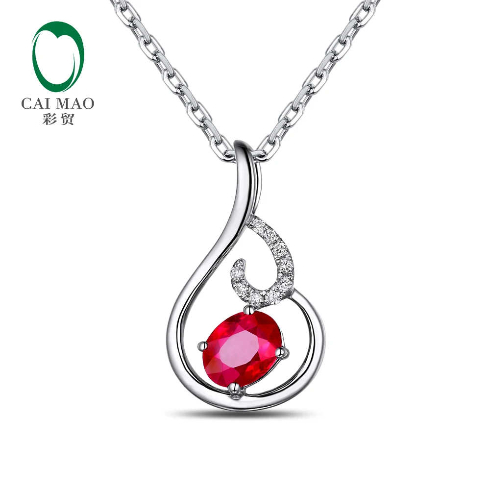 CaiMao 14KT/585 White Gold 0.69ct Natural Red Ruby 0.054ct Round Cut Diamond Engagement Gemstone Pendant Jewelry