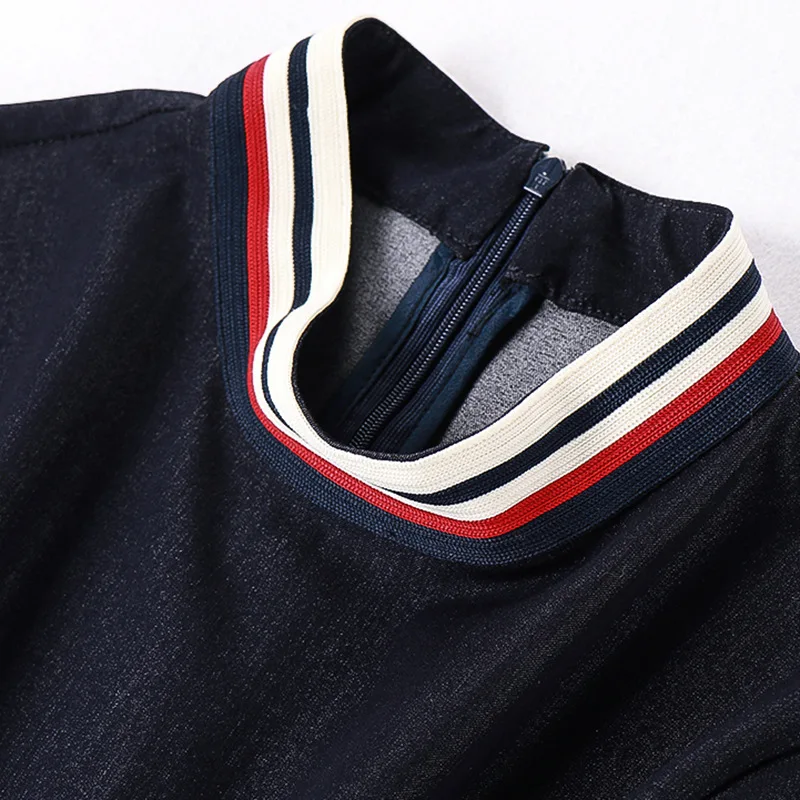 High Quality Denim Dress Autumn Winter Casual Dress for Women Striped Patchwork Long Sleeve Mid-Calf Length Blue Jeans Dress