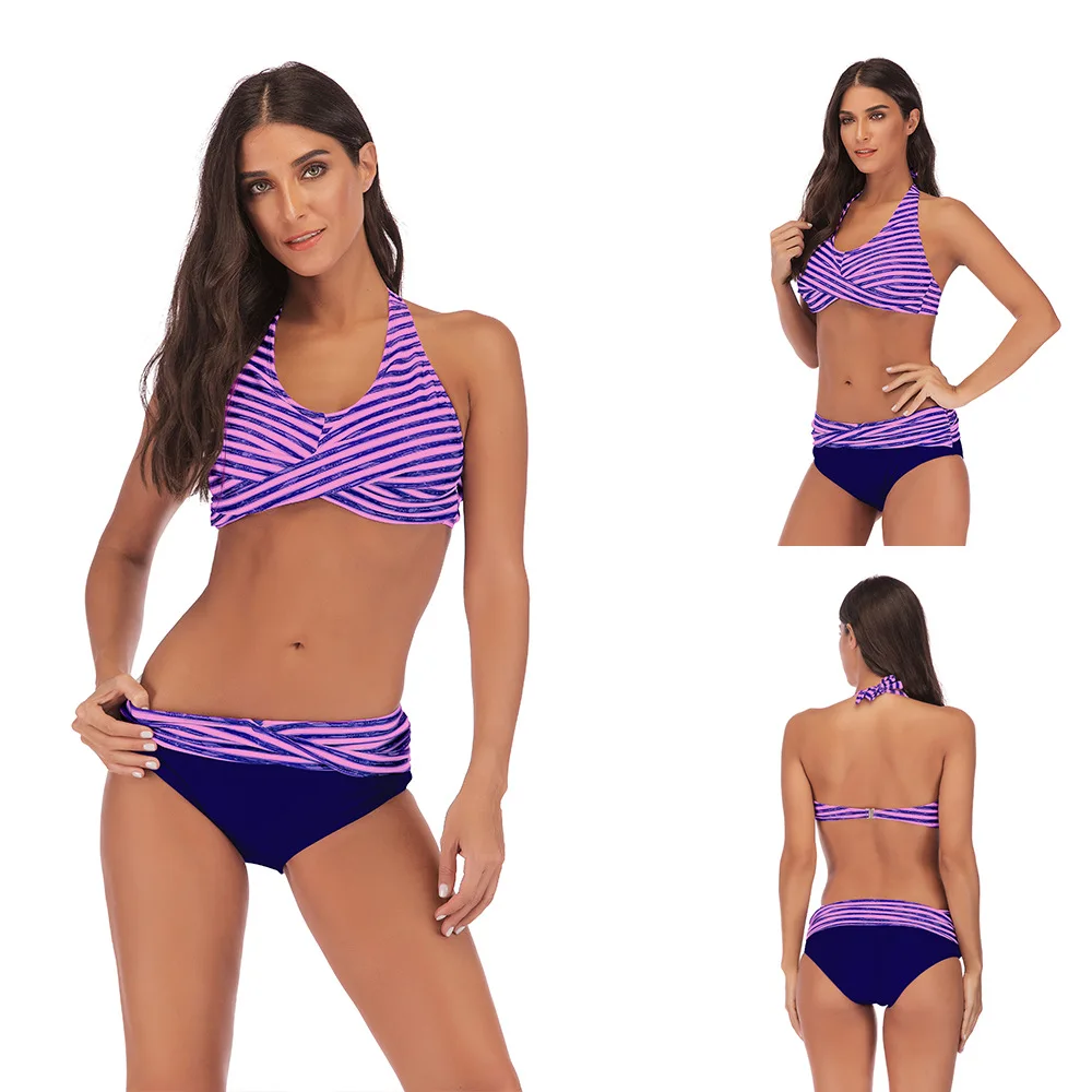 

Vertvie 2019 Stripe Printed Halter Bikini Set Fashion Women Swimwear Plus Size Waist Swimsuit Push Up Sexy Bathing Suit 5XL