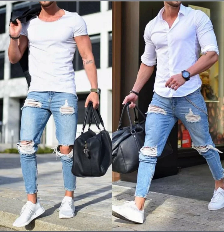 

Fashion Men Solid Ripped Skinny Biker Zipper Fly Jeans Destroyed Hole Frayed Slim Fit Denim Pencil Pants