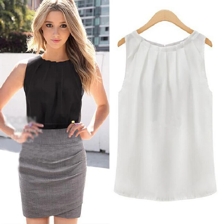

Summer Womens Sleeveless Tropical Tops Shirt Chiffon Solid Pleated Blouse S-XL Plus Size Women Chiffon Blouse Women Summer Tops