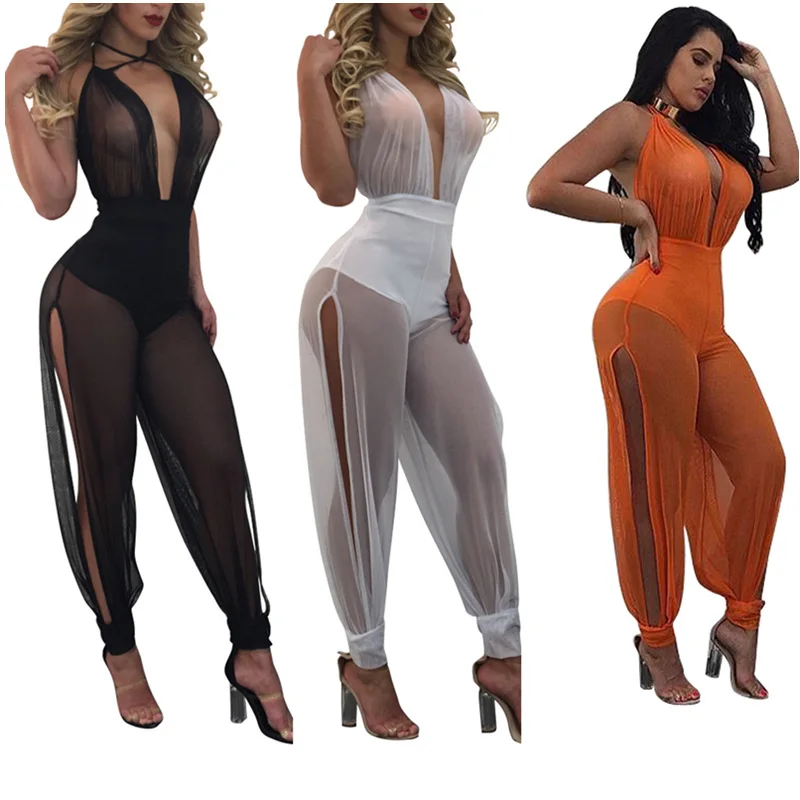 

2017 Summer New Sexy Jumpsuits Wide Leg One Piece Outfits Full Bodysuit See Through Backless Mesh Rompers Womens Jumpsuit