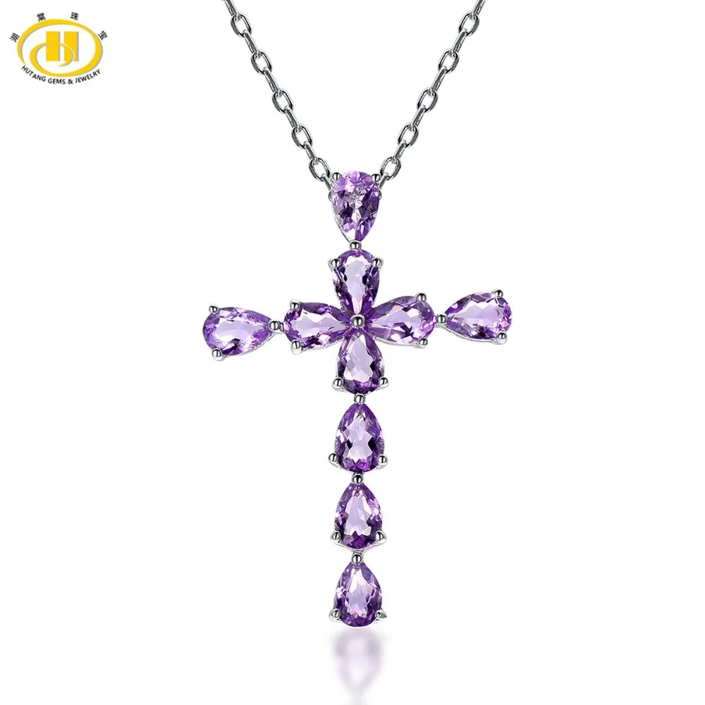 

Hutang Fine 3.3CTW Natural African Amethyst Solid 925 Sterling Silver Cross Pendant Necklace Gemstone Fine Jewelry Women Gift