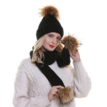 Настоящий помпон из меха норки шапка женская зимняя шапка и шарф комплект Теплые трикотажные хлопковые шапки-бини для дам шапка для девочки шапка