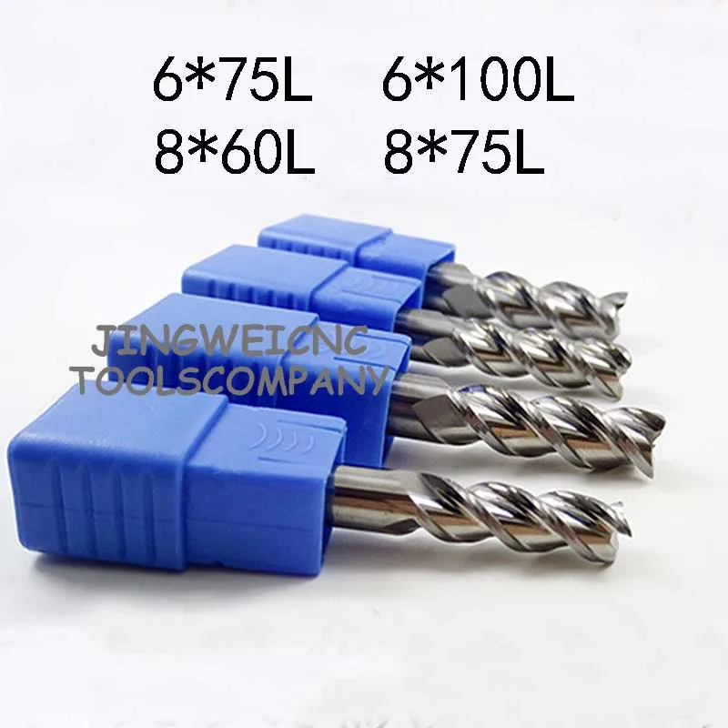 HRC 45 Aluminum Carbide end mill extra long length 6*75mm 6*100mm 8*60mm 8*75mm extended long