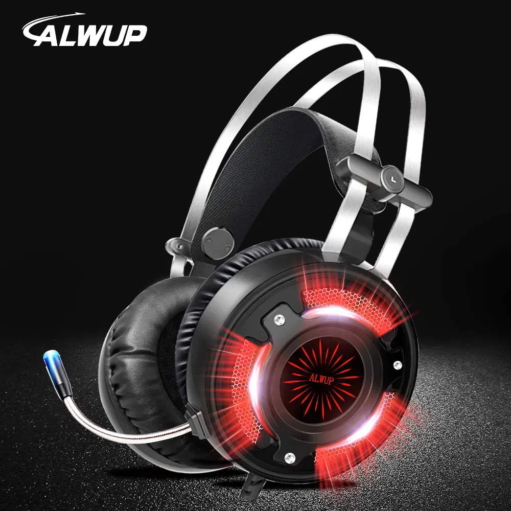 ALWUP A6 Gaming Headphones For Computer PC Games With Splitter Wired Led HD Bass Gaming Headset