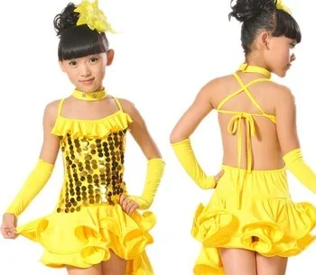 Free Shipping kids girls Cheap Latin Dance Dress Stage Performance Competition Unequal Cocktail Latin Dance Costume