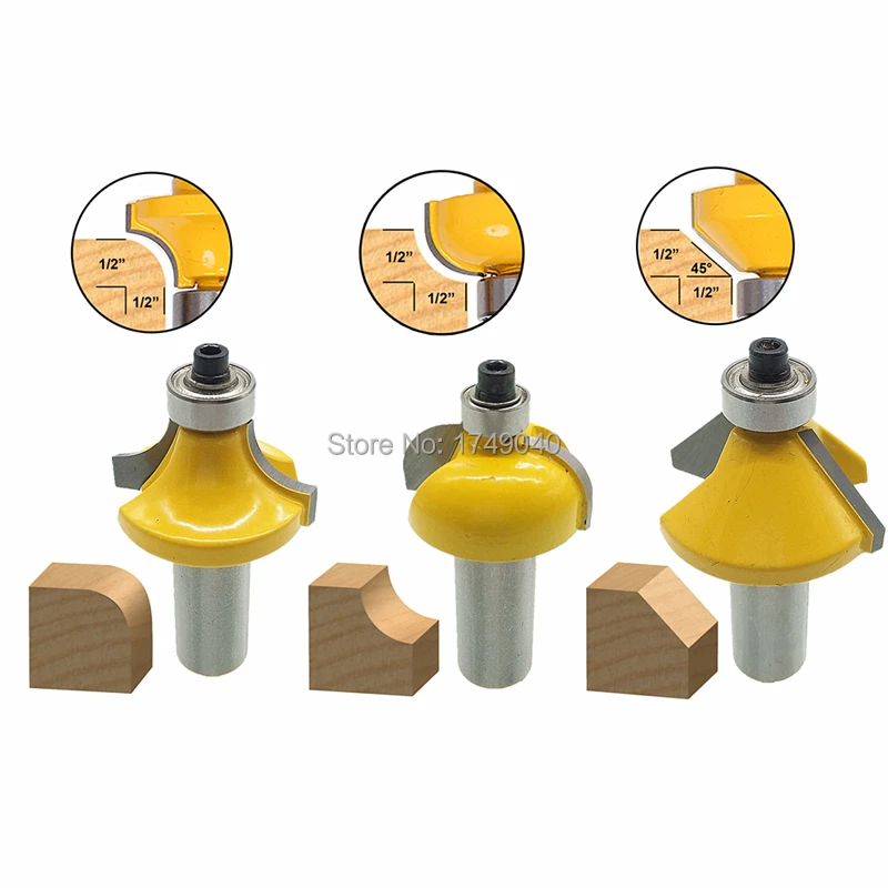 Round Over Cove 45 Degree Chamfer Edging Router Bit 3pc Set 1/2" Shank