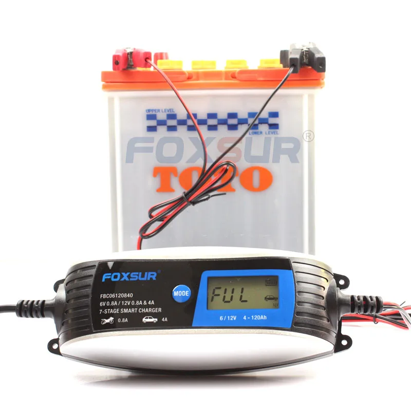 FOXSUR 12V 0.8A 4A 6V 0.8A 7-stage Смарт Батарея Зарядное устройство, кабель SAE 6V 12V гель AGM влажный UPS для автомобилей и мотоциклов, Батарея Зарядное устройство