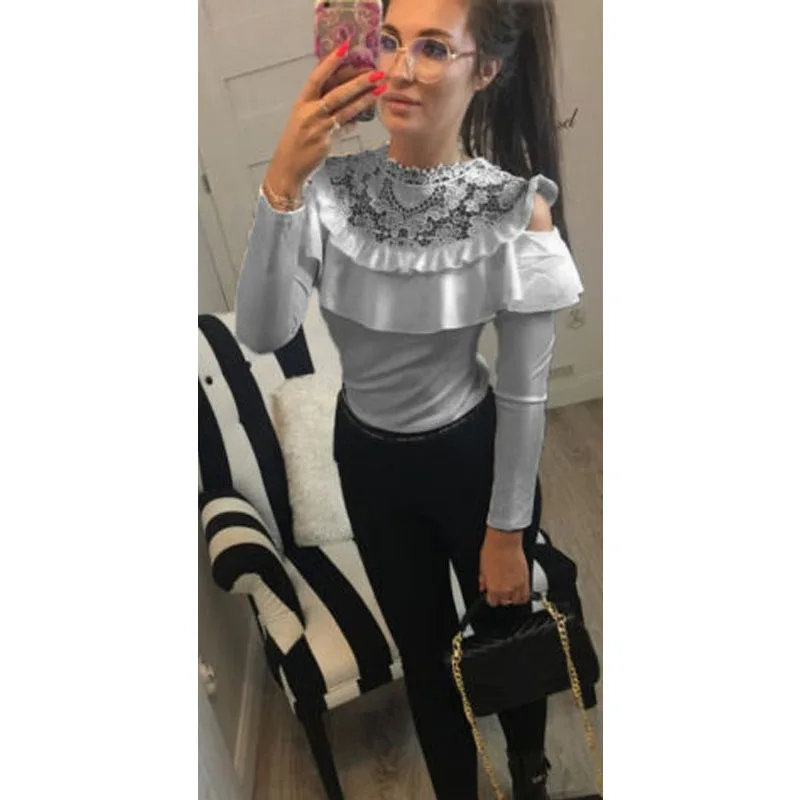 Sweet Ruffles Lace Shirt Women Autumn Party Off The