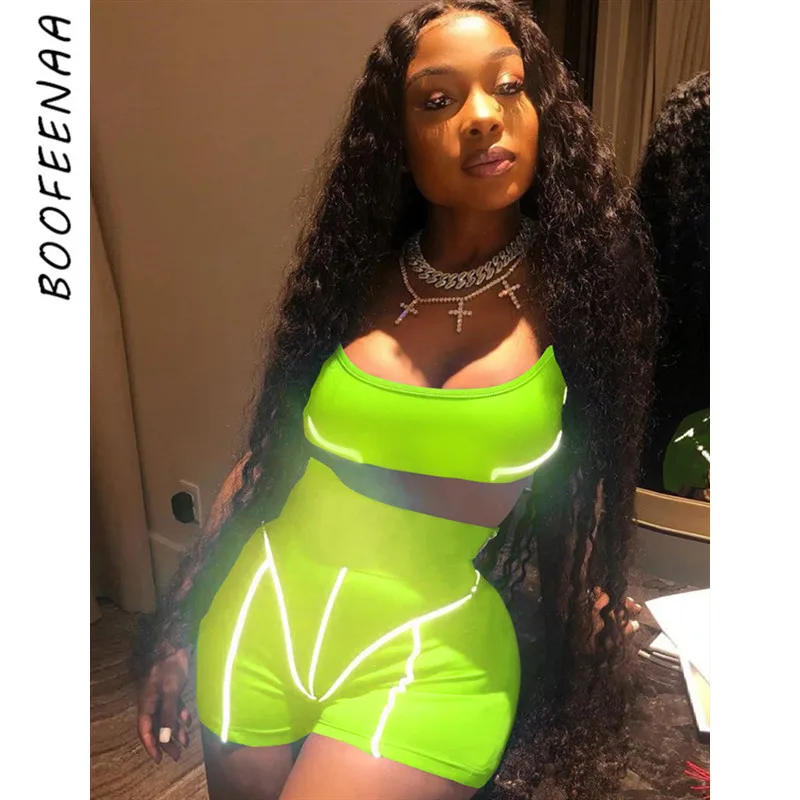 

BOOFEENAA Reflective Striped Two Piece Short Set Sexy Tracksuit Women Summer Neon 2piece Club Outfits Festival Clothing C87-AC98
