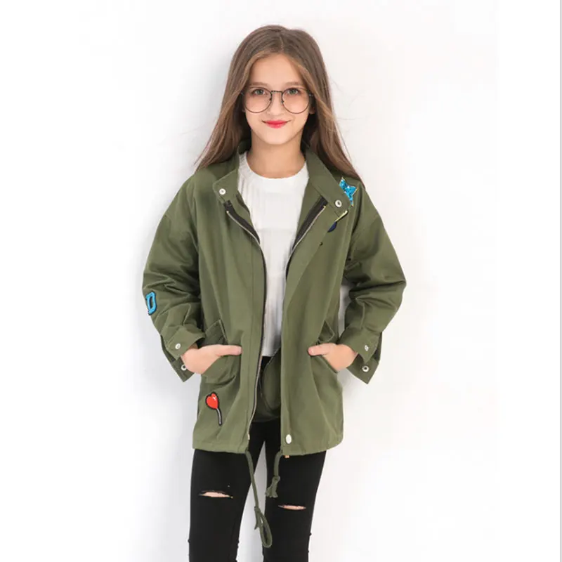 

Girl's ArmyGreen Coats 2018 Fashion Embroidery Warm Children's Jacket Fall Winter Outerwear for Teenager Girl Costume 5-14 Years