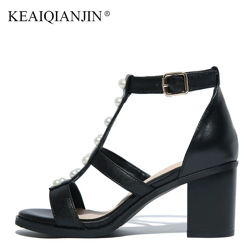 

KEAIQIANJIN Woman Genuine Leather String Bead Sandal Fashion Black High Heels Shoesa Sexy Genuine Leather Peep Toe Sandal 2018