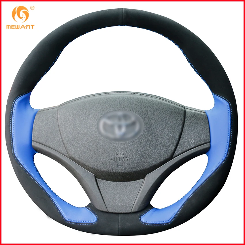 MEWANT Black Suede Blue Leather Car Steering Wheel Cover for Toyota