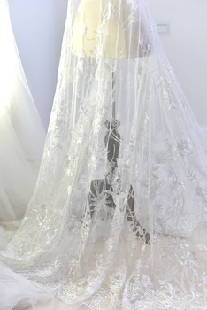 

130cm Upscale Gauze Lace Fabric In Ivory White Wedding Tulle Lace Fabric With Sequins Curtain Floral Lace Material