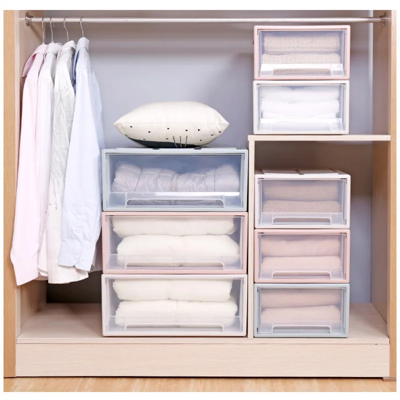 

4 Color Stacking Drawer Storage Box Multifunction Locker Thick Transparent Plastic Storage Drawer Clothing Shoe Storage Cabinet