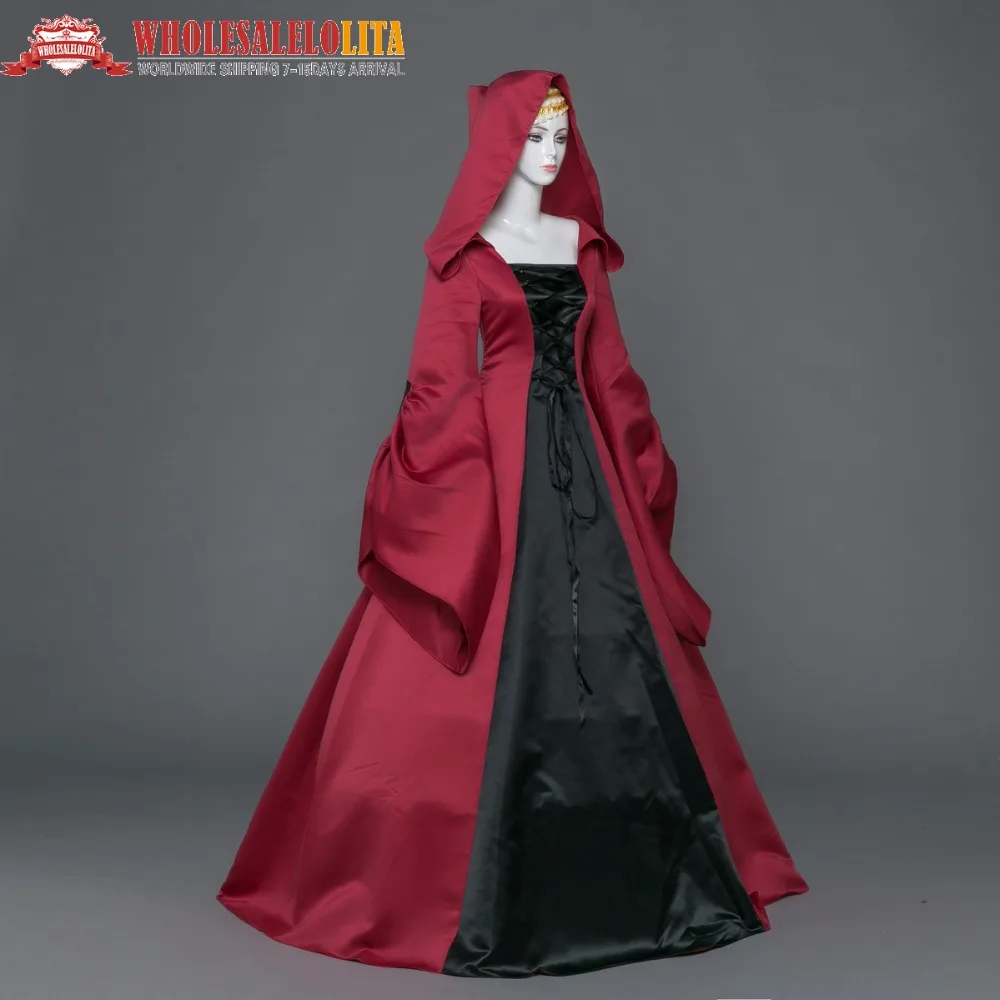 Готическое черно-винно-красное платье с капюшоном для костюмированной вечеринки ведьмы на Хэллоуин