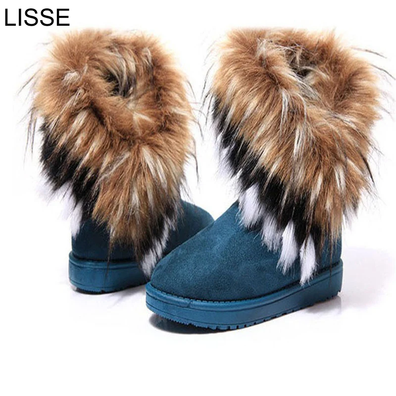

LISSE Suede Women Snow Boots Sewing Slip-On Mid Calf Winter Boots Female Faux Fur Warm Flat Shoes Edging Footwear