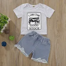 Модная Повседневная футболка с короткими рукавами и буквенным принтом для маленьких девочек топы+ джинсовые шорты, комплект костюмов