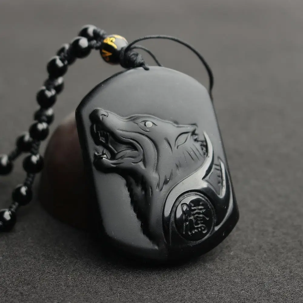 

1 Pc 2017 Newest Black Obsidian Carving Wolf Head Pendant Necklace Blessing Lucky Amulet Jewelry Nice Cool Gift