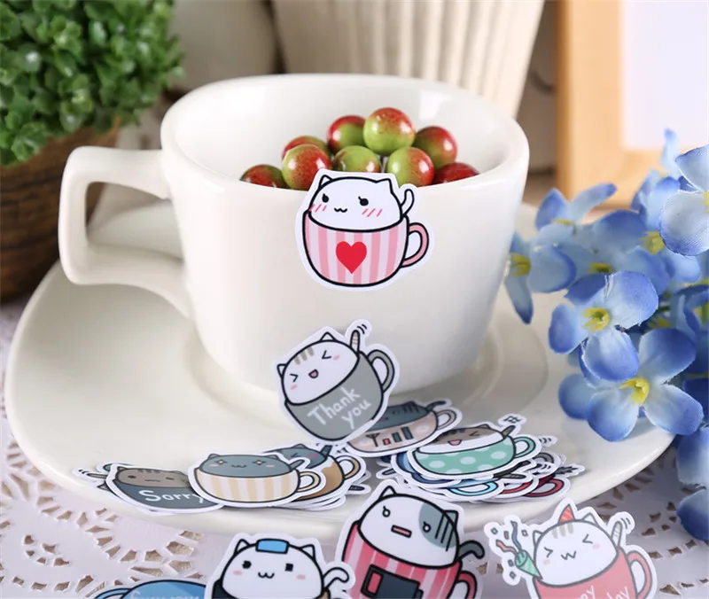 40 pcs Coffee cup cat Sticker for Kid DIY Laptop Waterproof Skateboard Moto phone Car Toy Scrapbooking Stickers