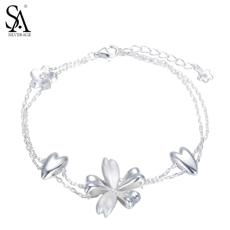 

SILVERAGE Real 925 Sterling Silver Flowers Link Bracelet for Women Fine Jewelry Double layer New Arrival Jewelry Original Gift