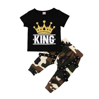 

Toddler Kids Baby Boys Tops King Crown T-Shirt Camo Pants 2Pcs Outfits Set Clothes 0-5T Short Sleeve O-Neck Pullover