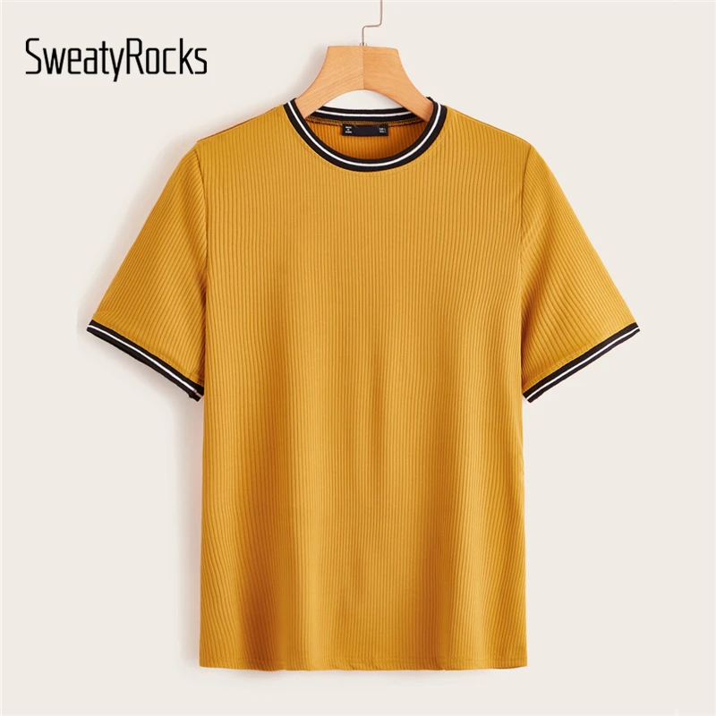 SweatyRocks, вязанные полосатые женские футболки, летние, короткий рукав, элегантная обтягивающая футболка, для женщин, с круглым вырезом, тонкие пуловеры, топы