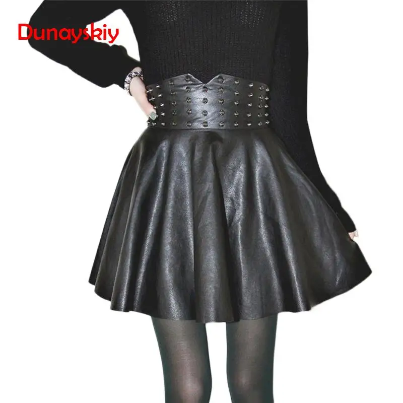 Women Skirt Sexy Fashion PU Leather High Waisted Skirts Womens Rivet Pleated A-line Mini Skirt Plus Size Women 2019 Clothing