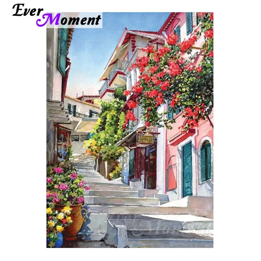 

Ever Moment 5D DIY Diamond Painting Street Flower Stairs Full Square Drill Diamond Embroidery Decor For Home Mosaic S2F322