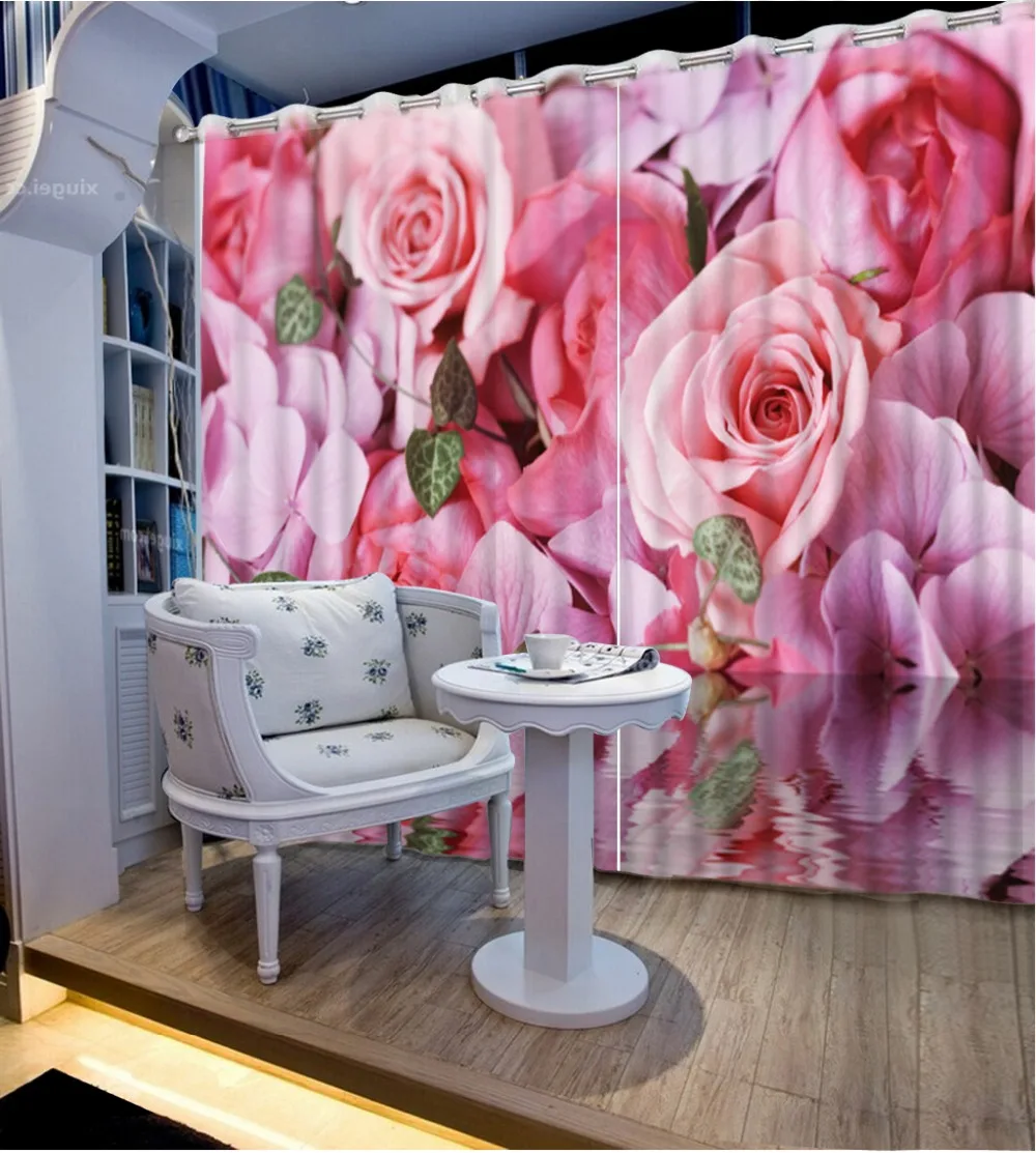Custom any size flower window curtains pink 3d rose flower curtains for