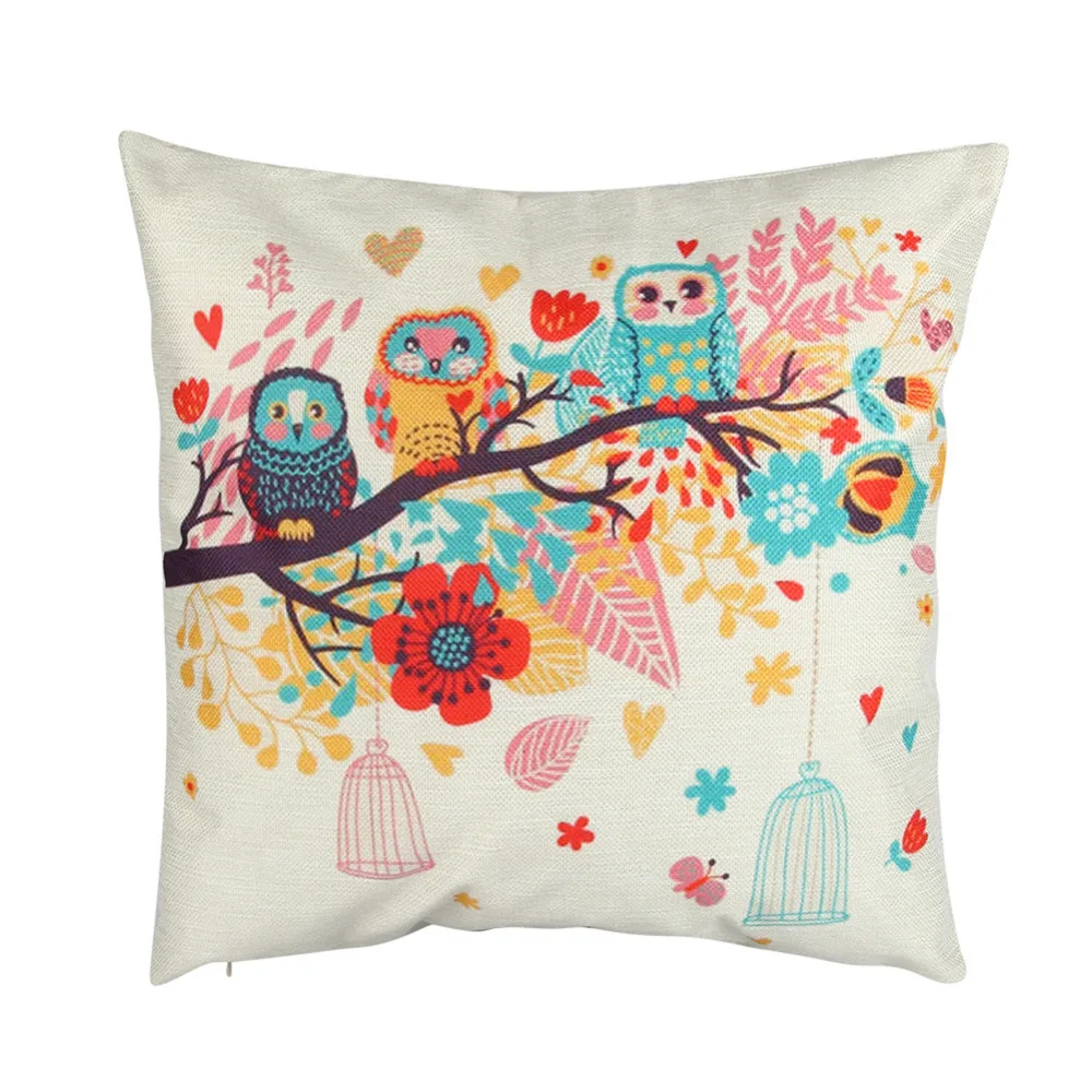 Cute Branch Owl Cushion Cover Animal Pattern White Pillowcase 43x43cm