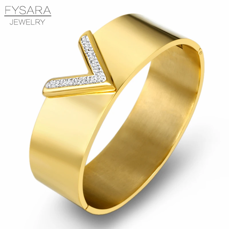 

FYSARA 22mm Wide Luxury Crystal V Bangle Men Heavy Lover Bangle Stainless Steel Gold Cuff Bracelet European Jewelry For Women