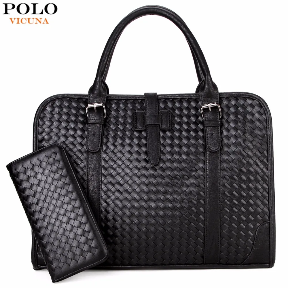 

VICUNA POLO Personality Knitting Men Handbag With Wallet Cool Black Men's Briefcase 15inch Mens Laptop Bag Business Man Bag Hot