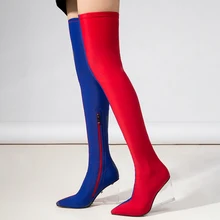Fashion Over The Boots Women Wedges High Heels Stertch Boots Pointed Toe Zipper Autumn Winter Candy Colors Long Boots