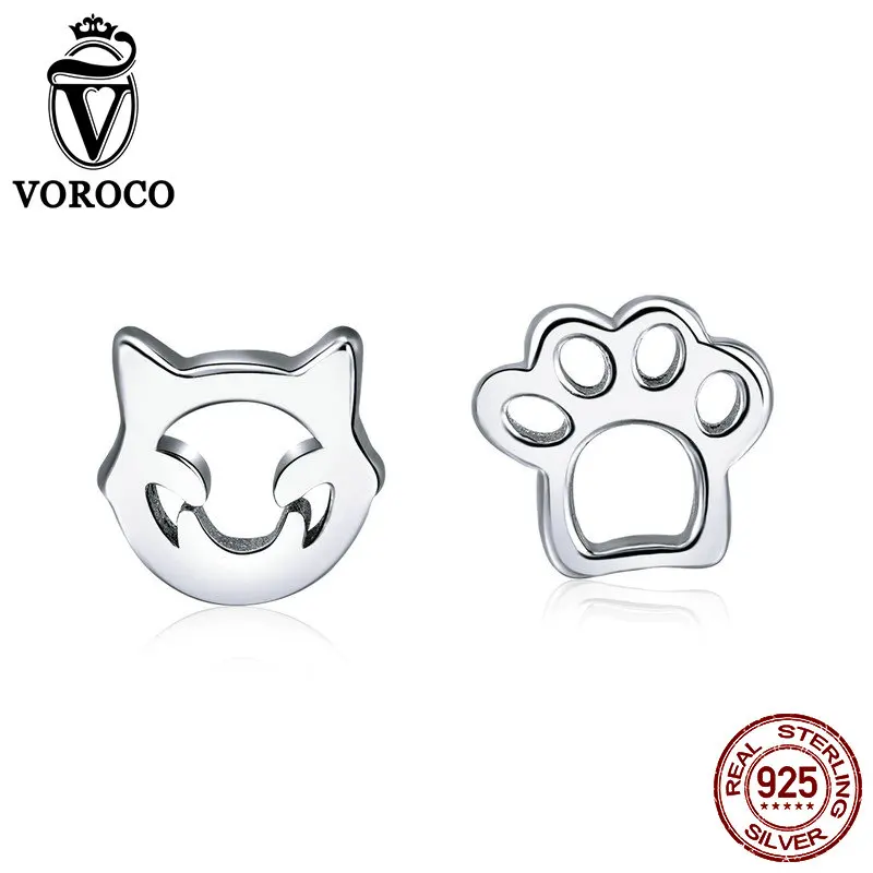 VOROCO 100% 925 Sterling Silver Cute Cat Pets Claw Stud Earrings For Girl Female Party Dating Tiny Silver Fine Jewelry VSE148
