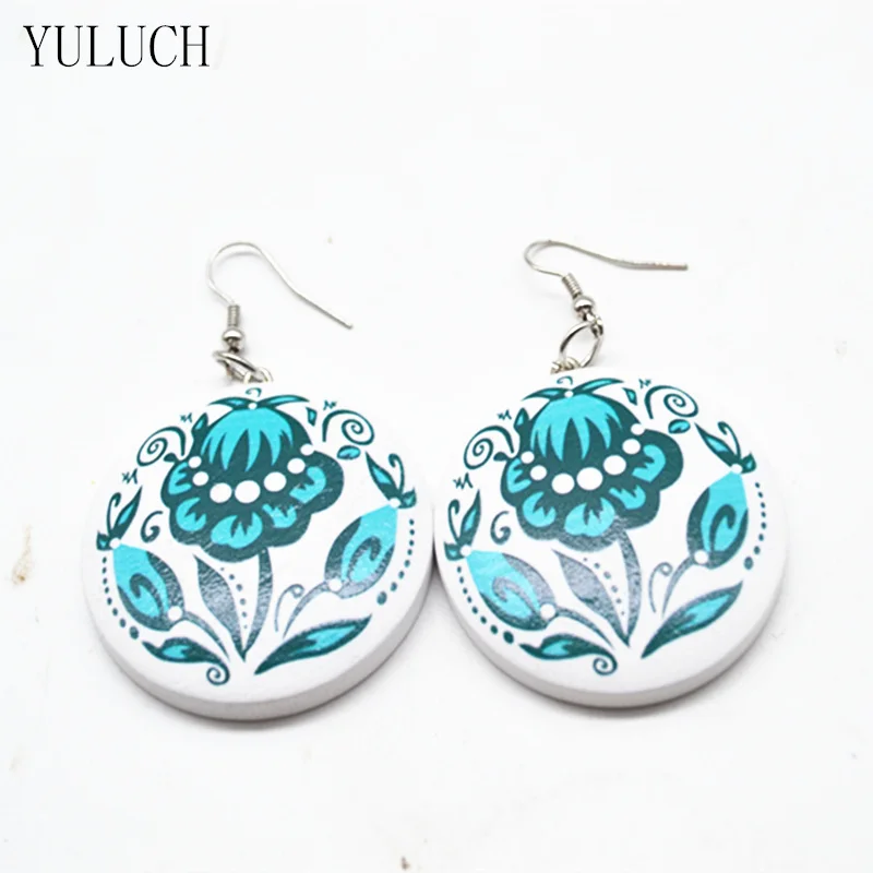 

YULUCH 2017 New Design Fashion Popular Printing Round Woman Earrings White Color Handmade Wooden Earrings Female Dangler