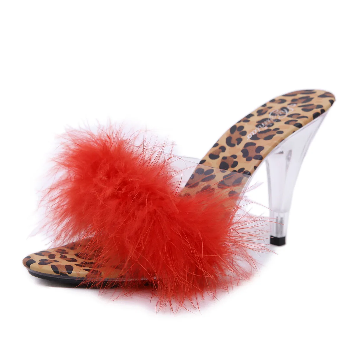 

US4-11 Women Clear Transparent Open Toe Stilettos Pumps Slingback Crystal Faux Fur Leopard Soles Shoes Sexy 5Colors Plus Size