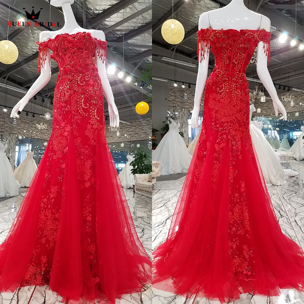 

Custom Made Sexy Mermaid Evening Dresses Red Lace Beaded Crystal Prom Dress Gowns 2018 New Vestido De Festa QUEEN BRIDAL KC08