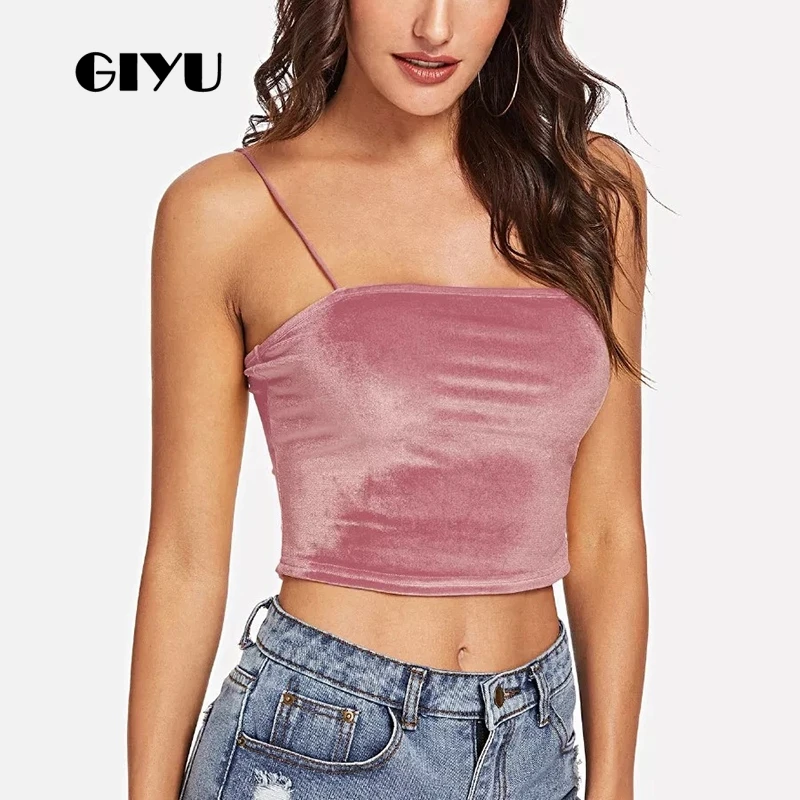 

GIYU Velvet Solid Basic Camis Skinny Crooped Women Sexy Short Strap Tops Female Backless crop top debardeur femme