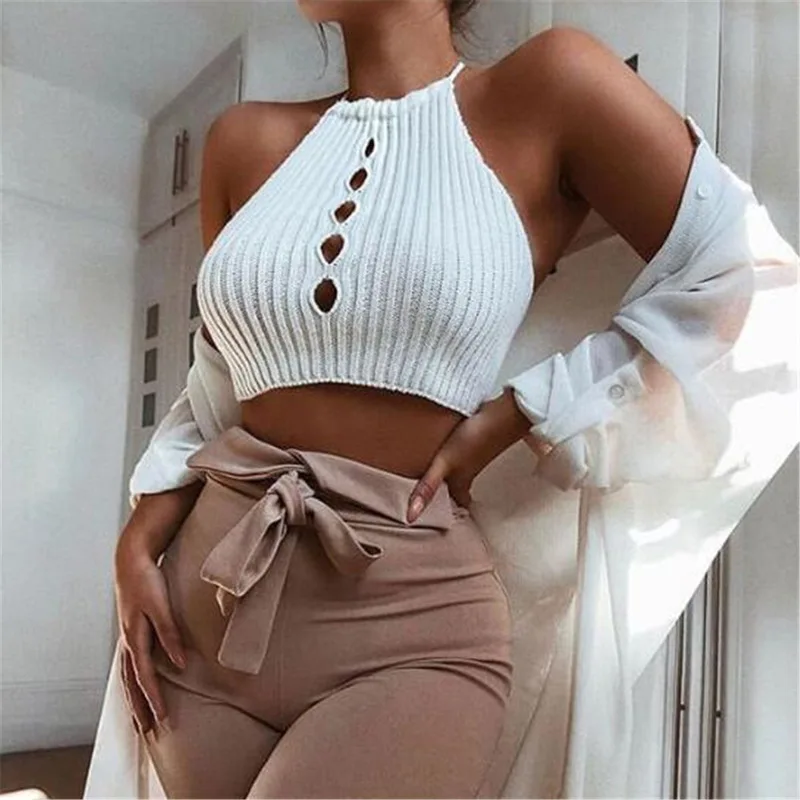 

New 3 Colors Crop Tops Women Sleeveless Hollow Out Halter Tops Sexy Tank Tops Blusas Streetwear