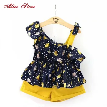 

Girl retro floral 2 clothes sets 2018 summer new fashion polka dot Sleeveless Shirts waist belt tie shorts clothing suits