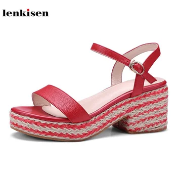 

Lenkisen 2018 cow leather women sandals high heels wedges buckle straps thick bottom classic simple straw style summer shoes L12