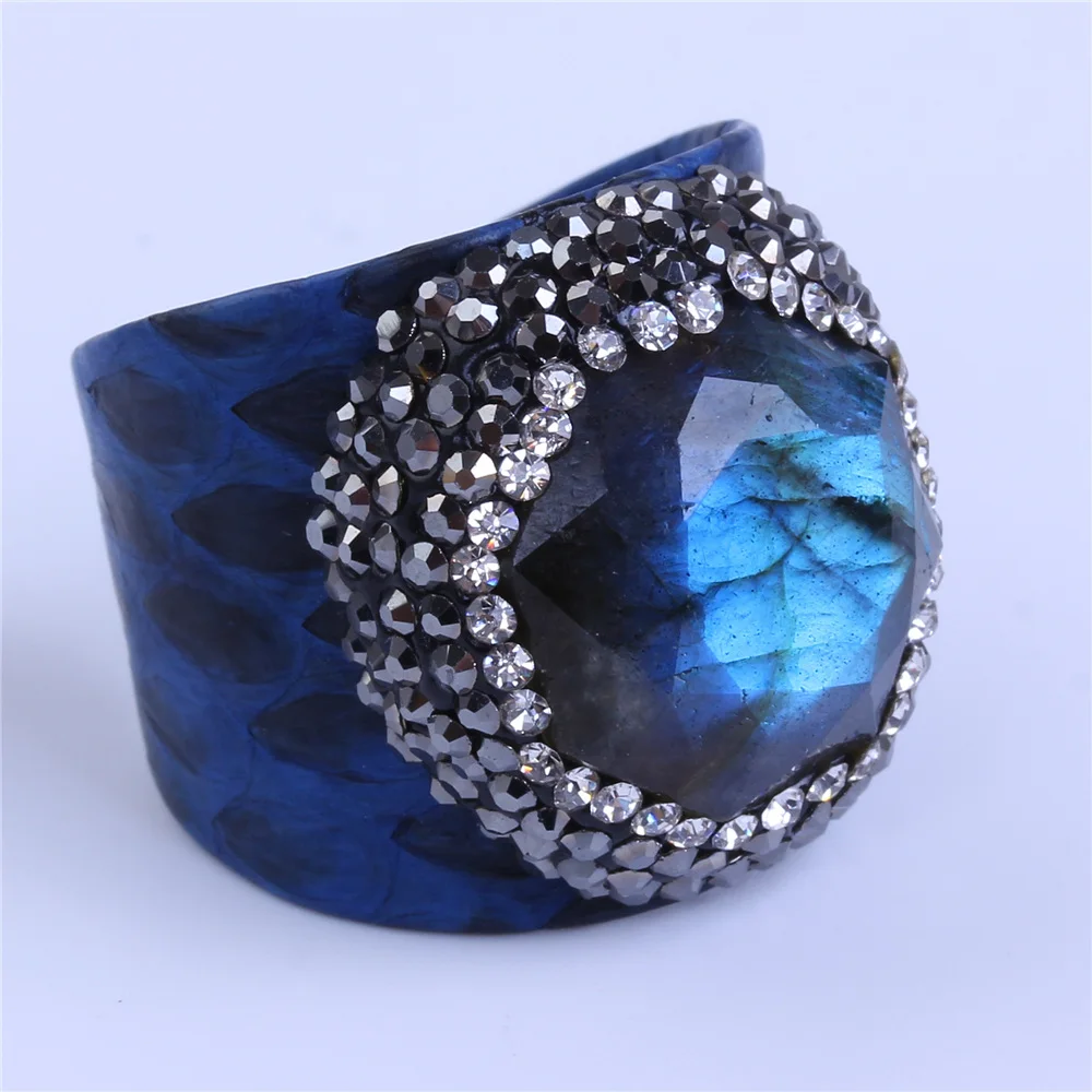 

luxury jewelry natural sky blue labradorite stone & black white rhinestone royal blue leather base adjustable open unisex rings