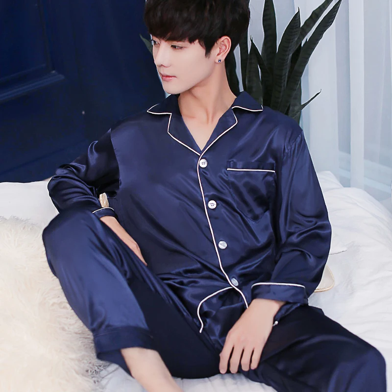 2019 New Brand Pyjamas Full Sleeves Full Long Pants Pajama Set High Quality Satin Silk Sleepwear Men Pajamas