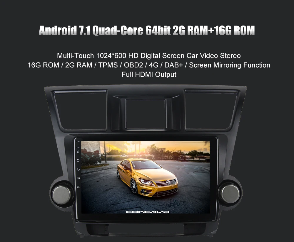 Perfect Dasaita 10.2" Android 7.1 Car GPS Player Navi for Toyota Highlander 2009-2012 with 2G+16G Quad Core Stereo Radio Multimedia HDMI 4